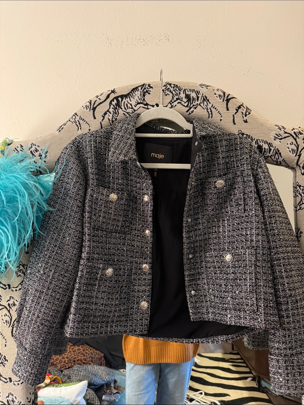 Maje Black & Gray Tweed Cropped Button Jacket